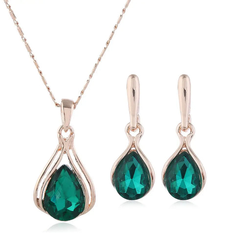 3PCS Rose Gold-color Necklace Earrings Green Crystal Glass Alloy Pendant Simple Fashion Style Jewelry Set