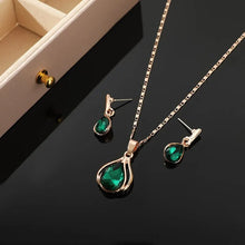 3PCS Rose Gold-color Necklace Earrings Green Crystal Glass Alloy Pendant Simple Fashion Style Jewelry Set