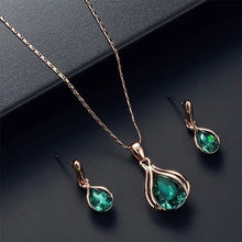 3PCS Rose Gold-color Necklace Earrings Green Crystal Glass Alloy Pendant Simple Fashion Style Jewelry Set