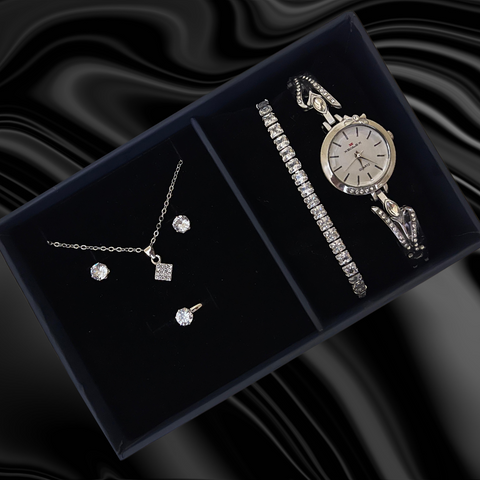 6PCS Silver Set Luxury Watch Women Ring Necklace Earring Rhinestone Fashion Wristwatch Casual Ladies Watches Bracelet Set Clock