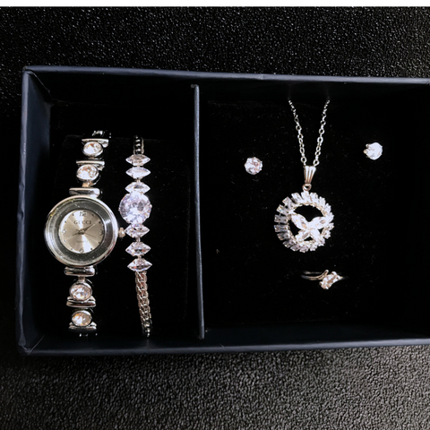 6 PCS Set Luxury Silver Watch Women Ring Necklace Earring Rhinestone Butterfly Bracelet Jewelry